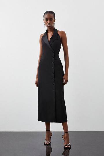 Tailored Premium Twill Halter Neck Sleeveless Maxi Dress black