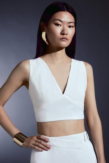 Tailored Satin Back Crepe Cropped Corset Top ivory