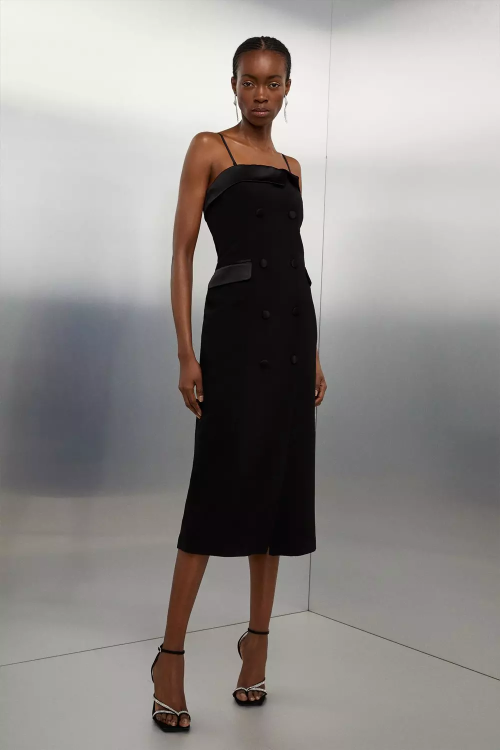 Tailored Satin Back Crepe Double Breasted Bandeau Midi Dress Karen Millen