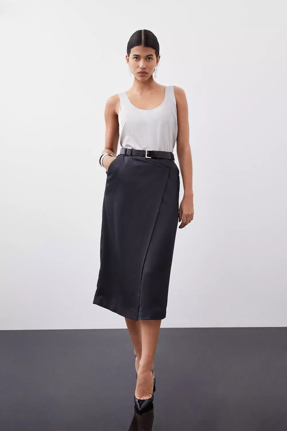 Tailored Satin Back Crepe Asymmetric Waist Wrap Detail Midi Skirt Karen Millen