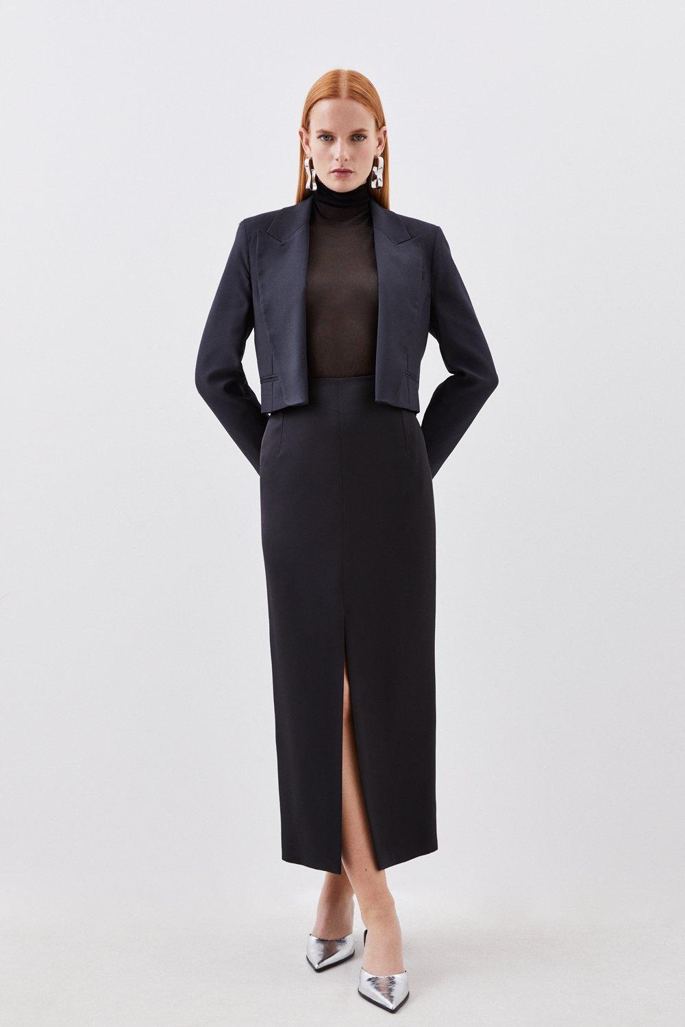 Black Tailored Satin Back Crepe Cropped Blazer 