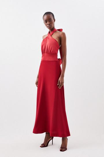 Satin Back Crepe Tailored Halter Neck Midi Dress red