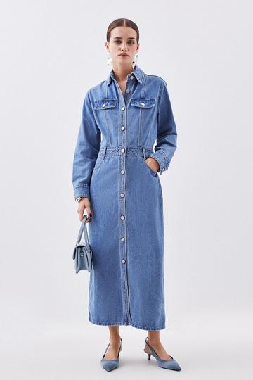 Petite Denim Long Sleeve Midi Shirt Dress mid wash