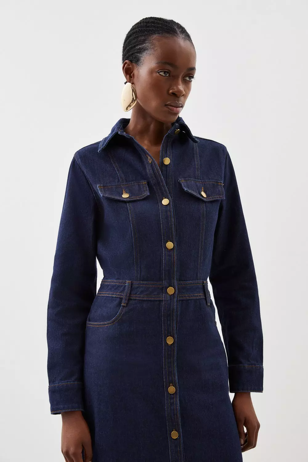 Denim Long Sleeve Midi Shirt Dress | Karen Millen