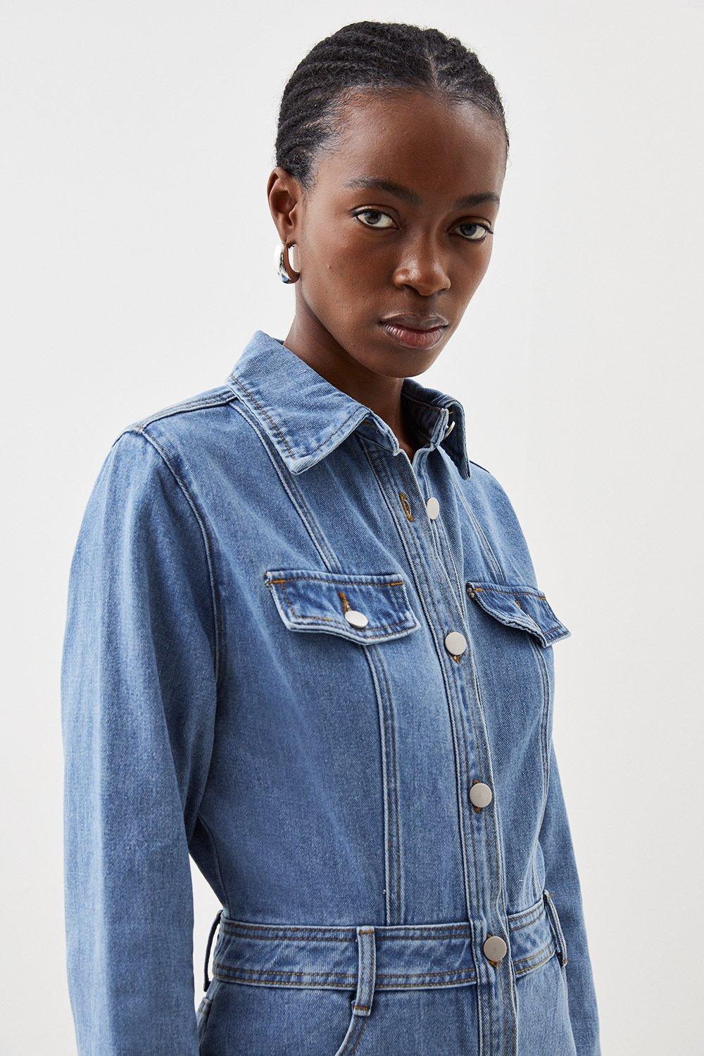 Denim Long Sleeve Midi Shirt Dress | Karen Millen