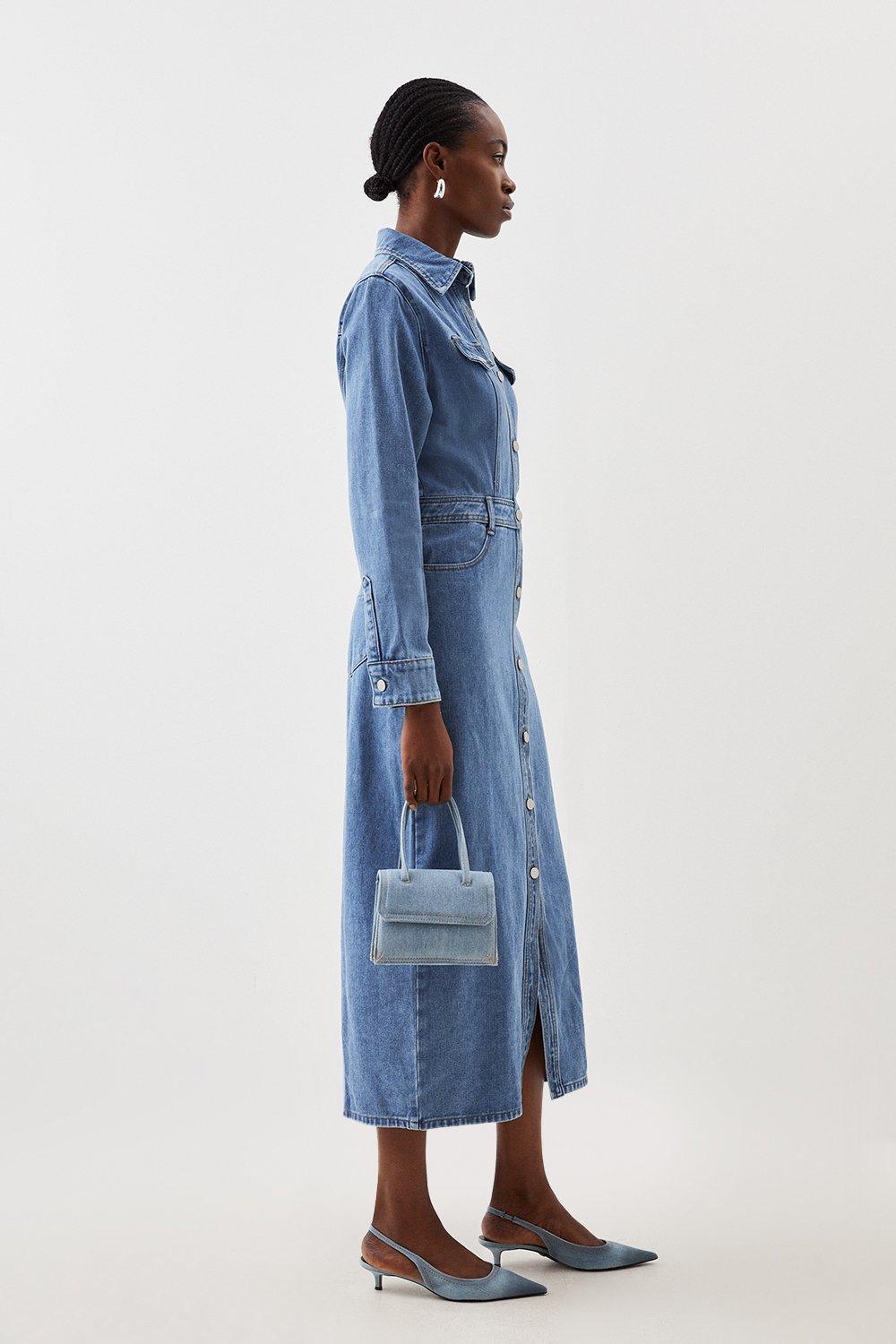 Denim Long Sleeve Midi Shirt Dress | Karen Millen