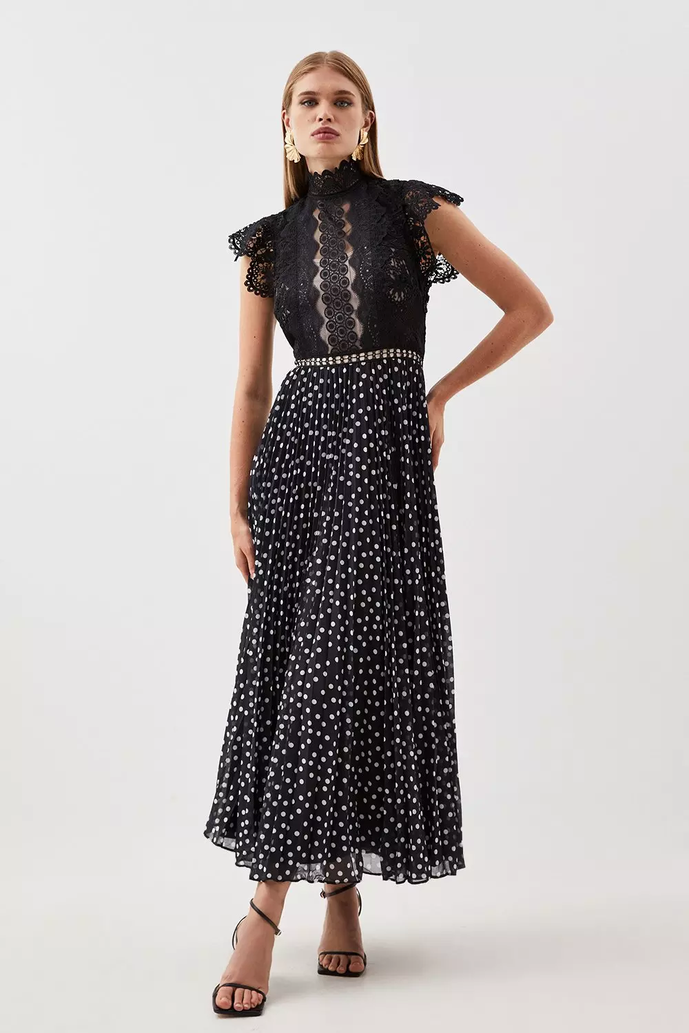 Petite Guipure Lace Dot Pleated Skirt Midi Dress Karen Millen