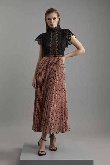 Guipure Lace Dot Pleated Skirt Midi Dress nude