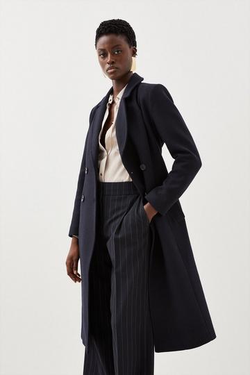 Italian Wool Blend Double Breasted Belted Midi Coat navy