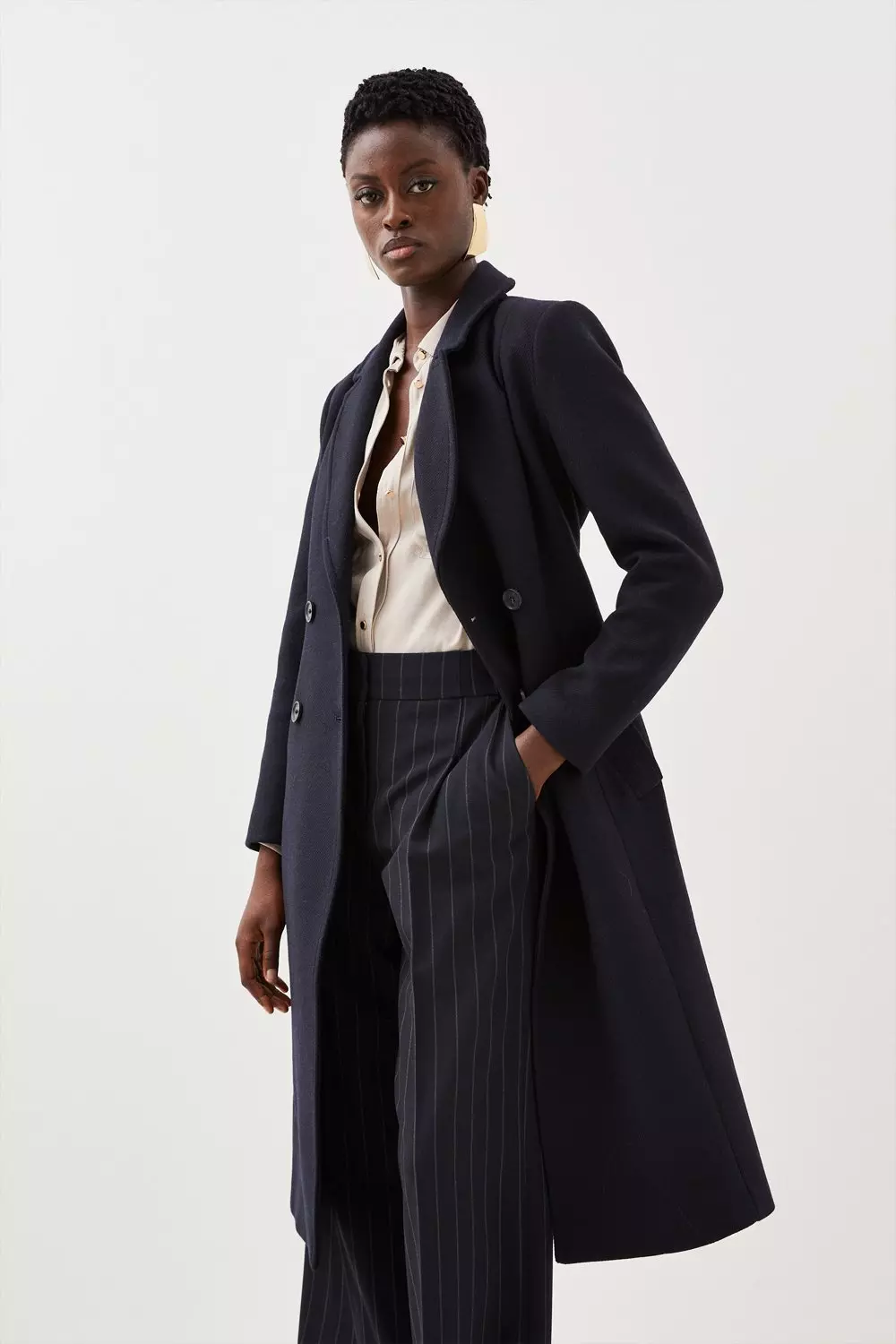 WOOL BLEND OVER MIDI COAT コート Wool Blend Crystal Embellished Notch Neck Belted Midi Coat