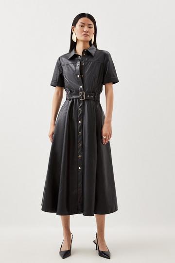 Faux Leather Belted Midi Shirt Dress black