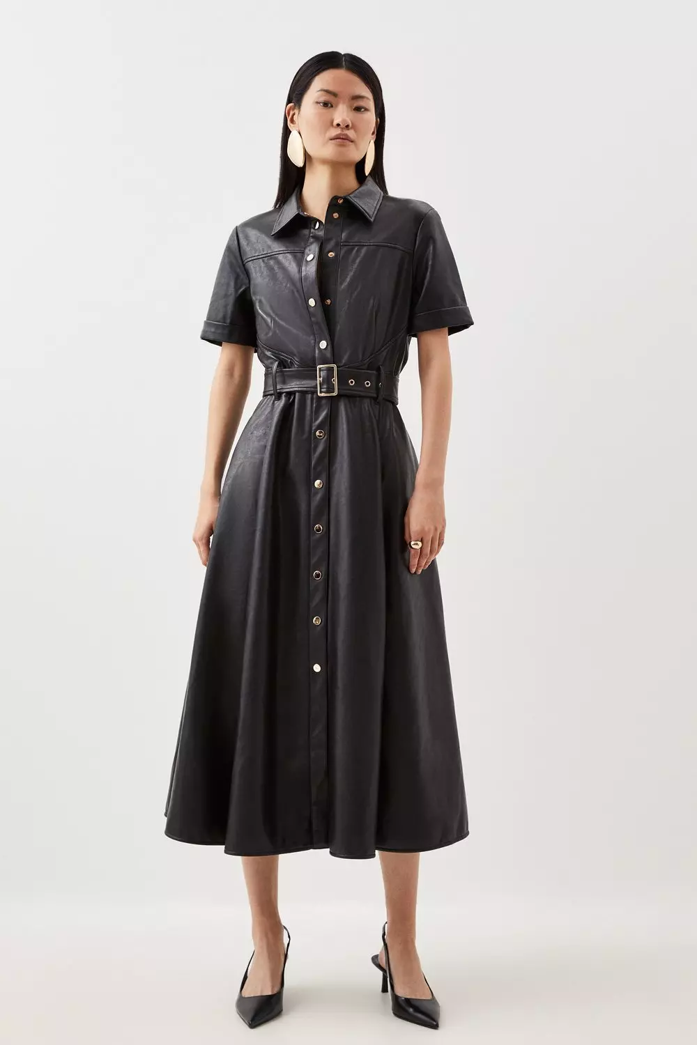 Faux Leather Belted Midi Shirt Dress Karen Millen