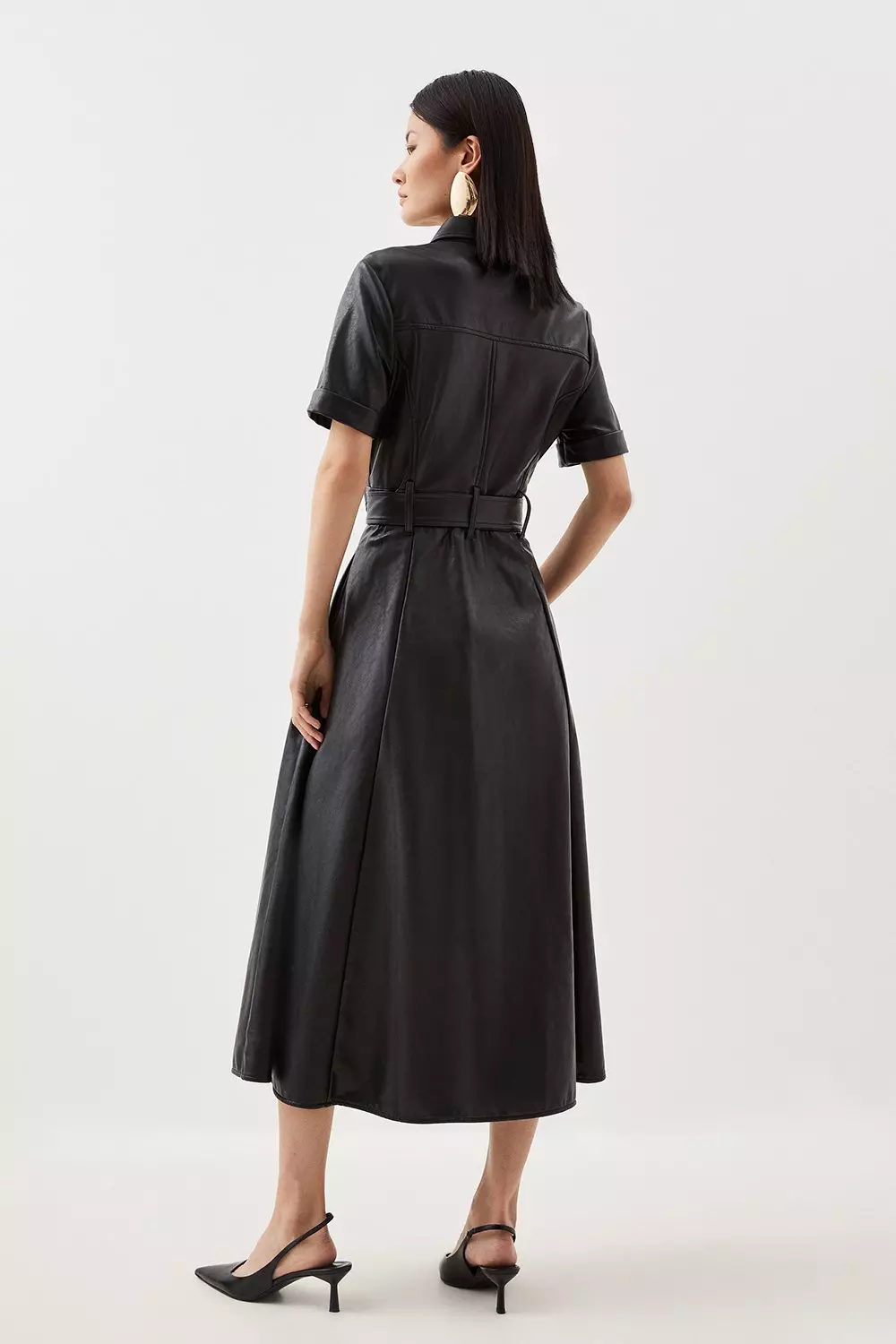 Faux Leather Belted Midi Shirt Dress | Karen Millen