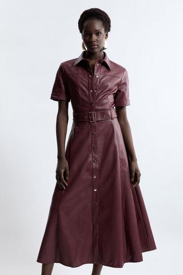 Faux Leather Belted Midi Shirt Dress oxblood