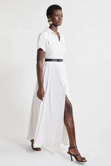 Soft Tailored Pleat Panel Midi Shirt Dress ivory