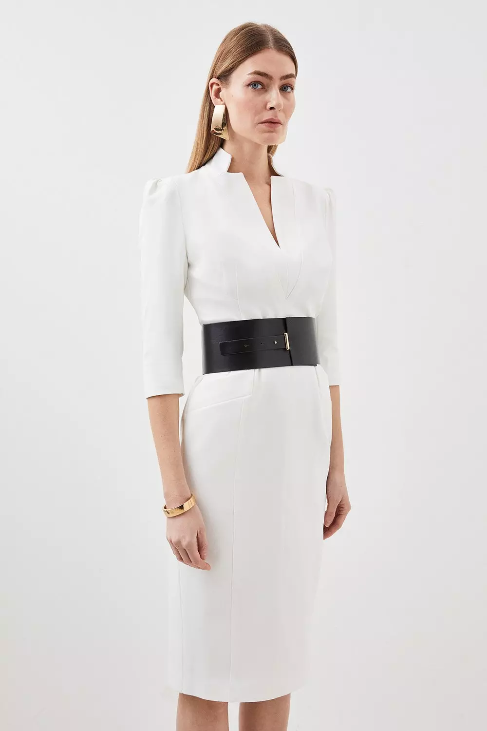 ★Karen Millen★ ブロデリーベルトミディウーブンドレス Tailored Structured Crepe Forever Wide Belt Pencil Midi
