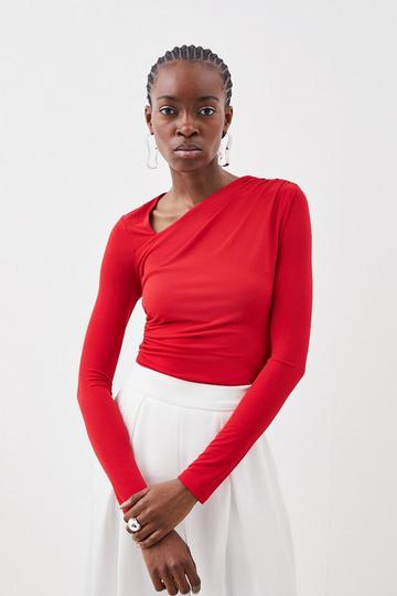 Jersey Crepe Long Sleeve Ruched Bodysuit red