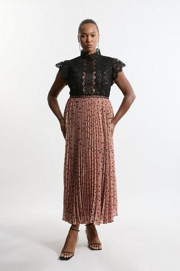 Plus Size Guipure Lace Dot Pleated Skirt Midi Dress nude