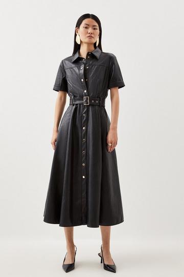 Black Petite Faux Leather Belted Midi Shirt Dress