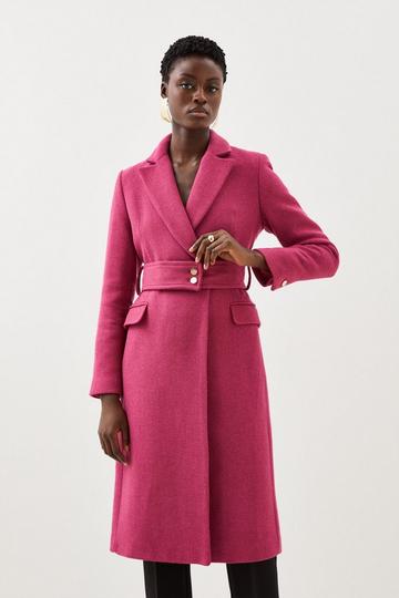 Italian Wool Mix Button Detail Belted Midi Coat pink