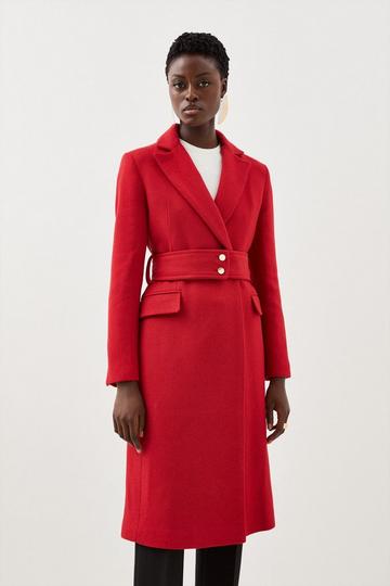 Italian Manteco Wool Mix Button Detail Belted Midi Coat red