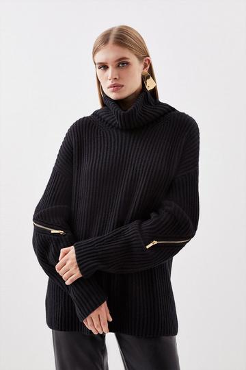 Cashmere Blend Turtleneck Knit Zip Detail Sweater