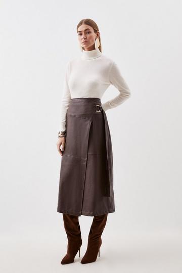 Faux Leather Tie Detail Wrap Midi Skirt chocolate