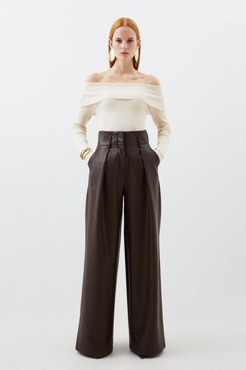 Faux Leather High Waisted Wide Leg Trousers chocolate