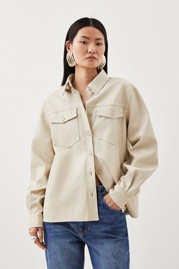 Faux Leather Pocket Detail Shirt cream