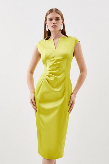 Italian Satin Envelope Neck Pencil Tailored Midi Dress lime