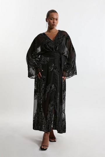 Plus Size Feather Devore Woven Kimono Maxi Dress black