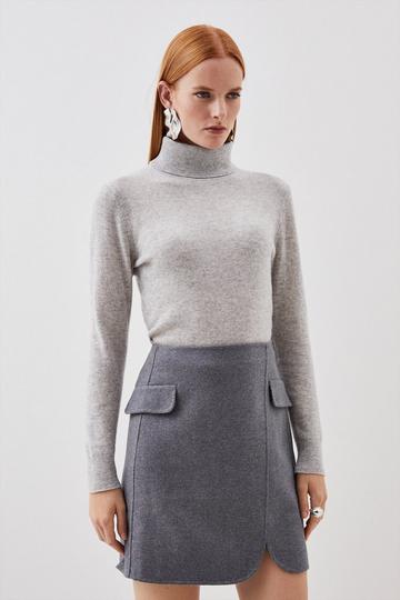 Tailored Double Faced Wool Blend Pocket Detail Mini Wrap Skirt grey