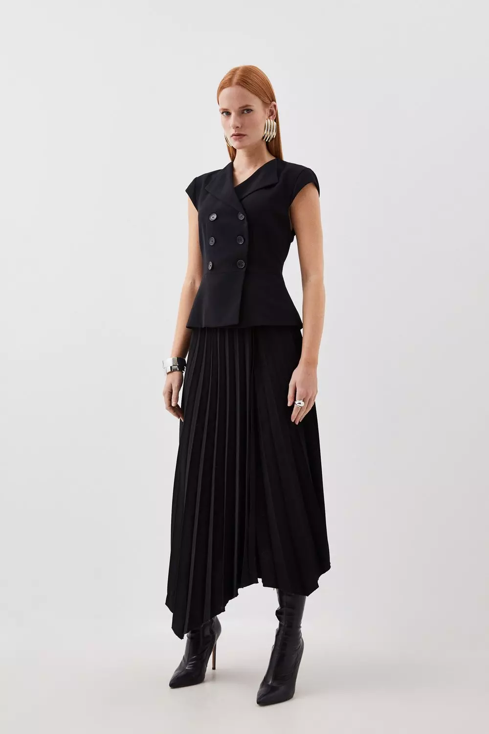 Clean Tailored Cap Sleeve Belted Asymmetric Pleated Midi