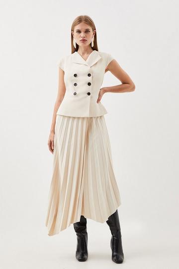 Clean Tailored Cap Sleeve Belted Asymmetric Pleated Midi Dress cream