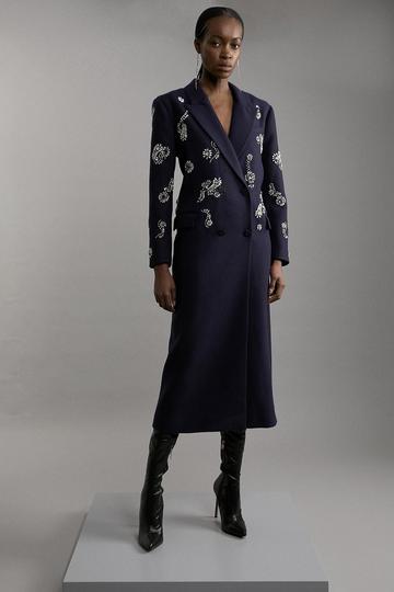 Navy Tailored Wool Blend Embellished Maxi Coat