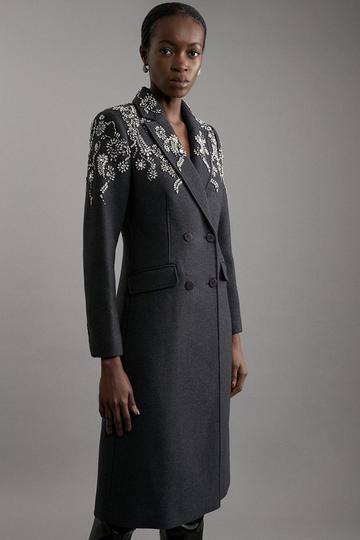 Grey Tailored Wool Blend Embellished Double Breasted Midi Coat