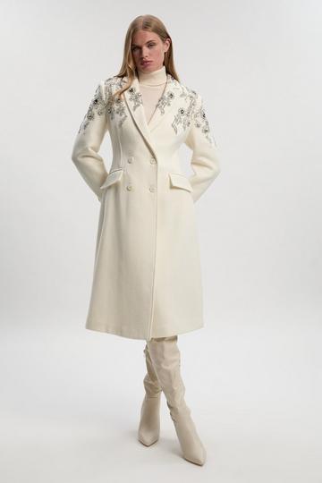 Tailored Wool Embellished Double Breasted Midi Coat ivory