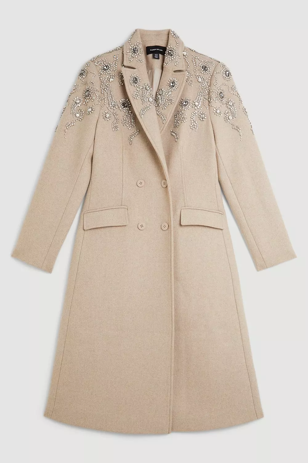 Oatmeal Tailored Wool Blend Embellished Double Breasted Midi Coat  alternative image