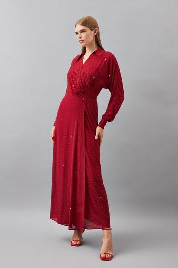 Red Embellished Plunge Batwing Woven Maxi Dress