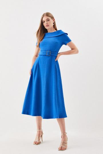 Blue Tailored Turtleneck Tweed Off The Shoulder Belted Full Skirt Midi Dress