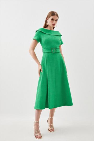 Green Tailored Turtleneck Tweed Off The Shoulder Belted Full Skirt Midi Dress