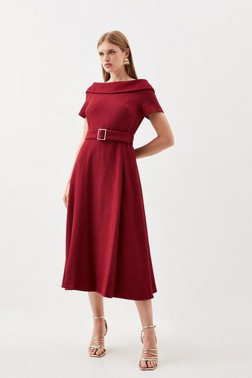 Tailored Turtleneck Tweed Off The Shoulder Belted Full Skirt Midi Dress merlot