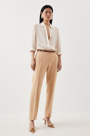 Compact Stretch Tailored Waist Detail Straight Leg Trousers camel