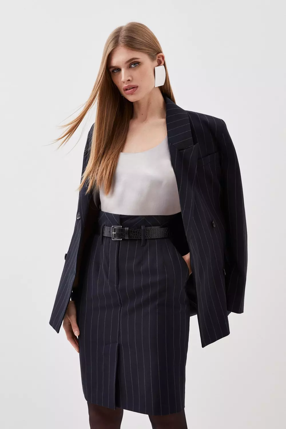 Tailored Strong Shoulder Striped Double Breasted Blazer & Skirt Set alternative image