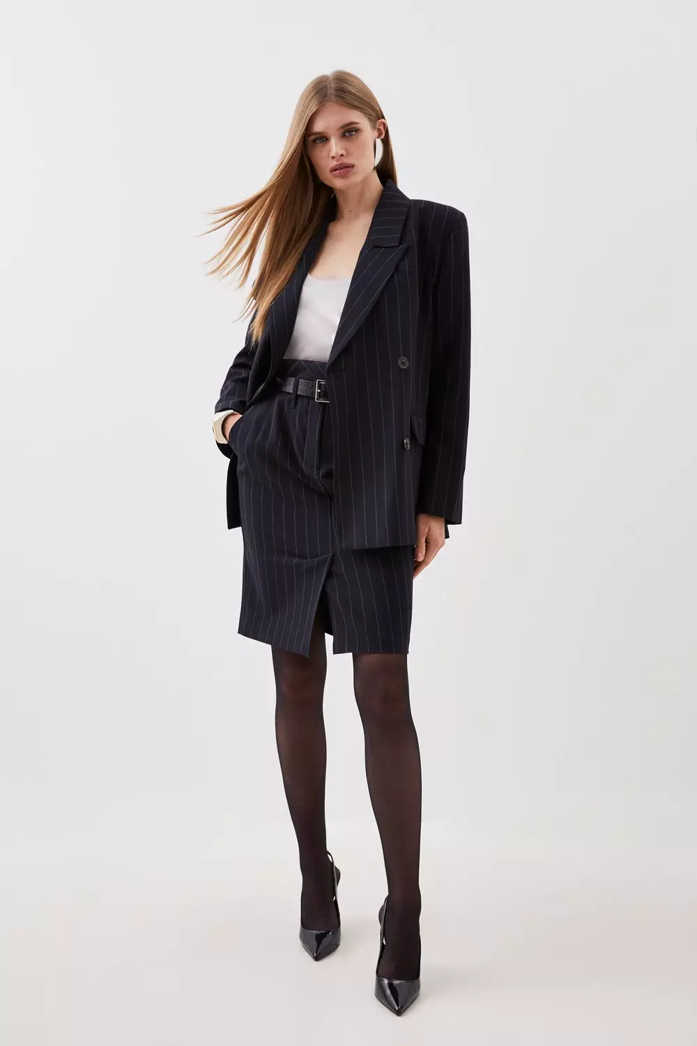 Tailored Strong Shoulder Striped Double Breasted Blazer
