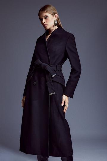 Italian Manteco Wool Blend High Neck Belted Midaxi Coat black