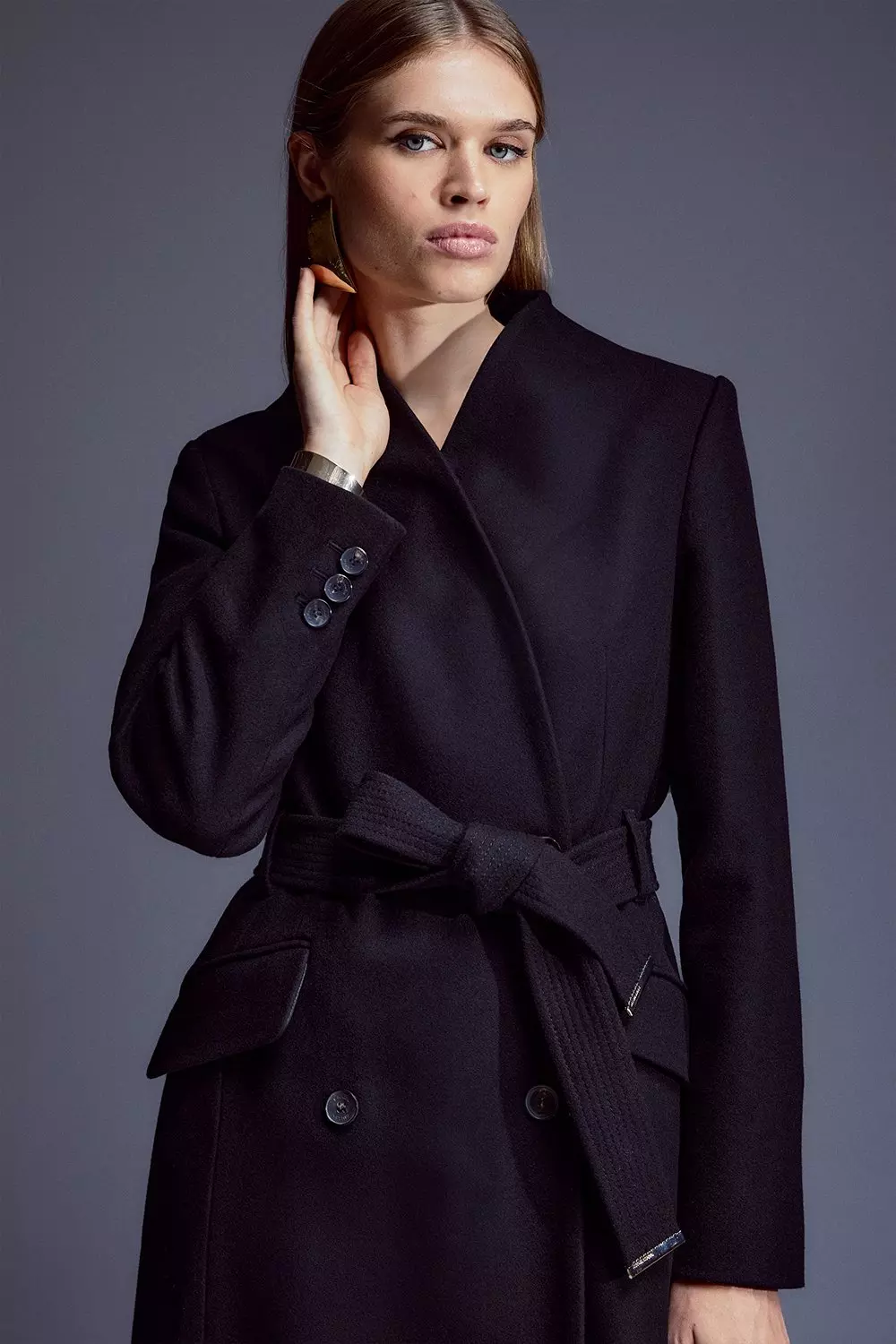 Italian Manteco Wool Blend High Neck Belted Midaxi Coat