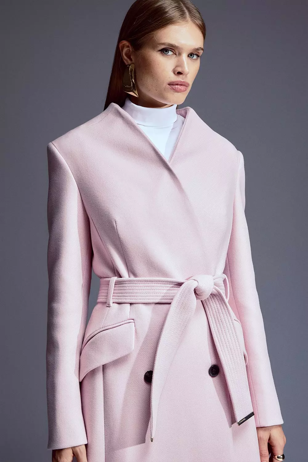 Italian Manteco Wool Blend High Neck Belted Midaxi Coat | Karen Millen