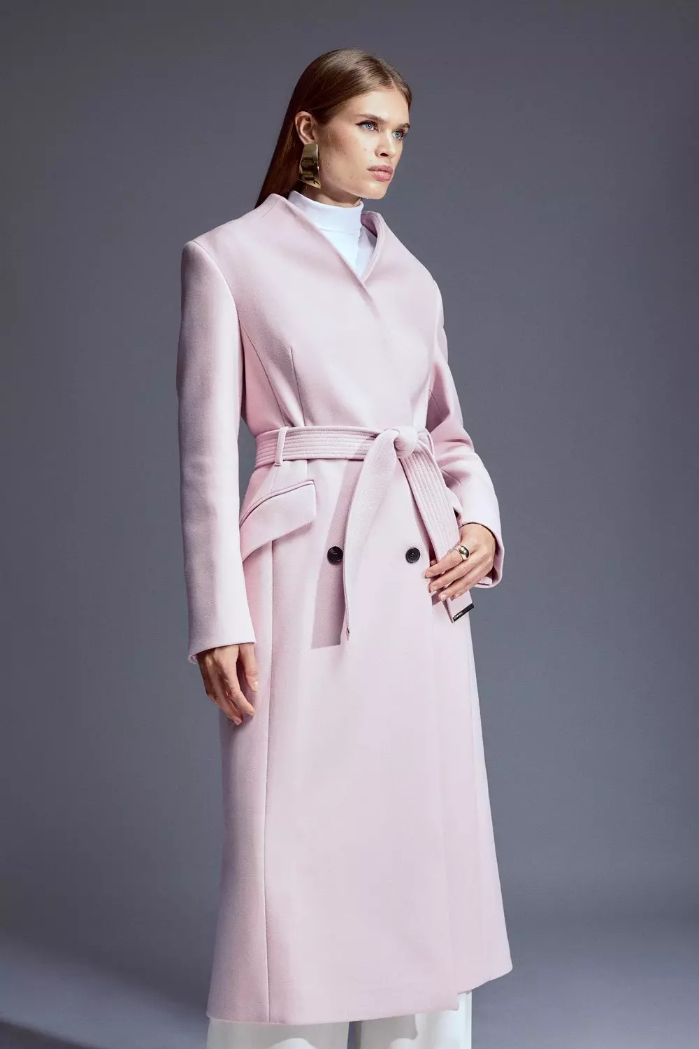 Italian Manteco Wool Blend High Neck Belted Midaxi Coat | Karen Millen