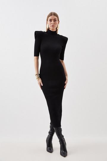 Viscose Blend Rib Knit Power Shoulder Military Trim Maxi Dress black